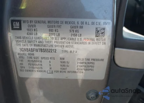 2011 Chevrolet Hhr Lt из США, поврежденный, VIN 3GNBABFW7BS652212